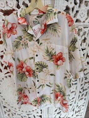 Ky’s Sky Blue White Geometric Hexagon Print Silk Hawaiian Shirt Made in USA